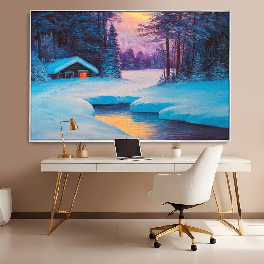 Tablou canvas cu pictura cu cabana inzapezita si parau, in rama de aluminiu argintiu, pe perete intr-un birou